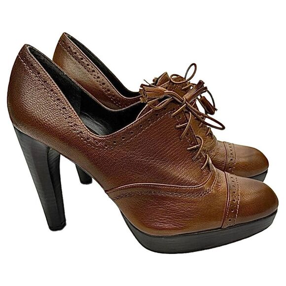 Stuart Weitzman Brogue Platform Ankle Heels Brown 6.5M Leather Made in Spain - Picture 6 of 14